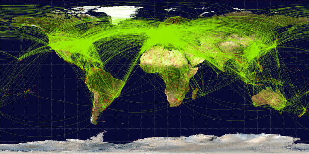 Global map of airline routes illustrates hub-and-spoke approach.